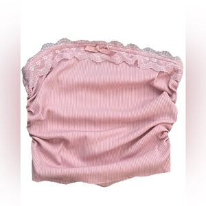 Shein ribbed lace trim w/bow ruched sides tube crop top Size M pink (0699)